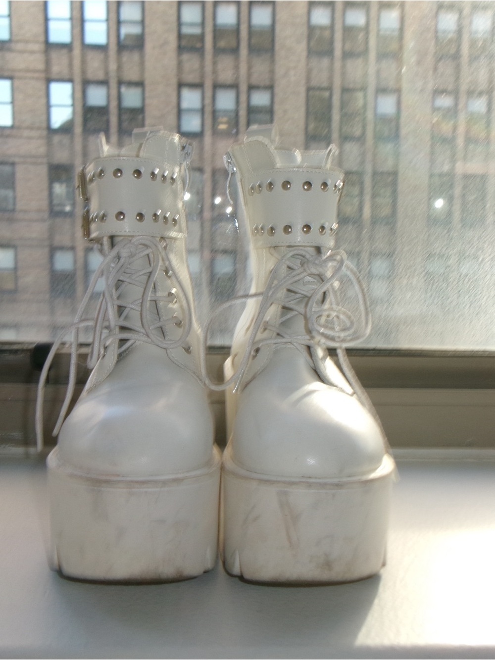 White Platform Lace-Up Ankle Boots with Buckle Detail - Picture 4 of 6